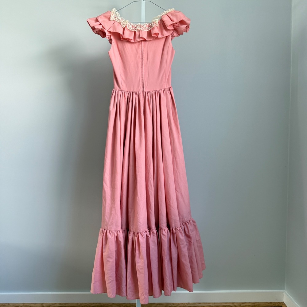 VTG Victorian Pink Renaissance Ruffle Lace Prairie Maxi Dress Cottagecore Gown - Picture 9 of 9